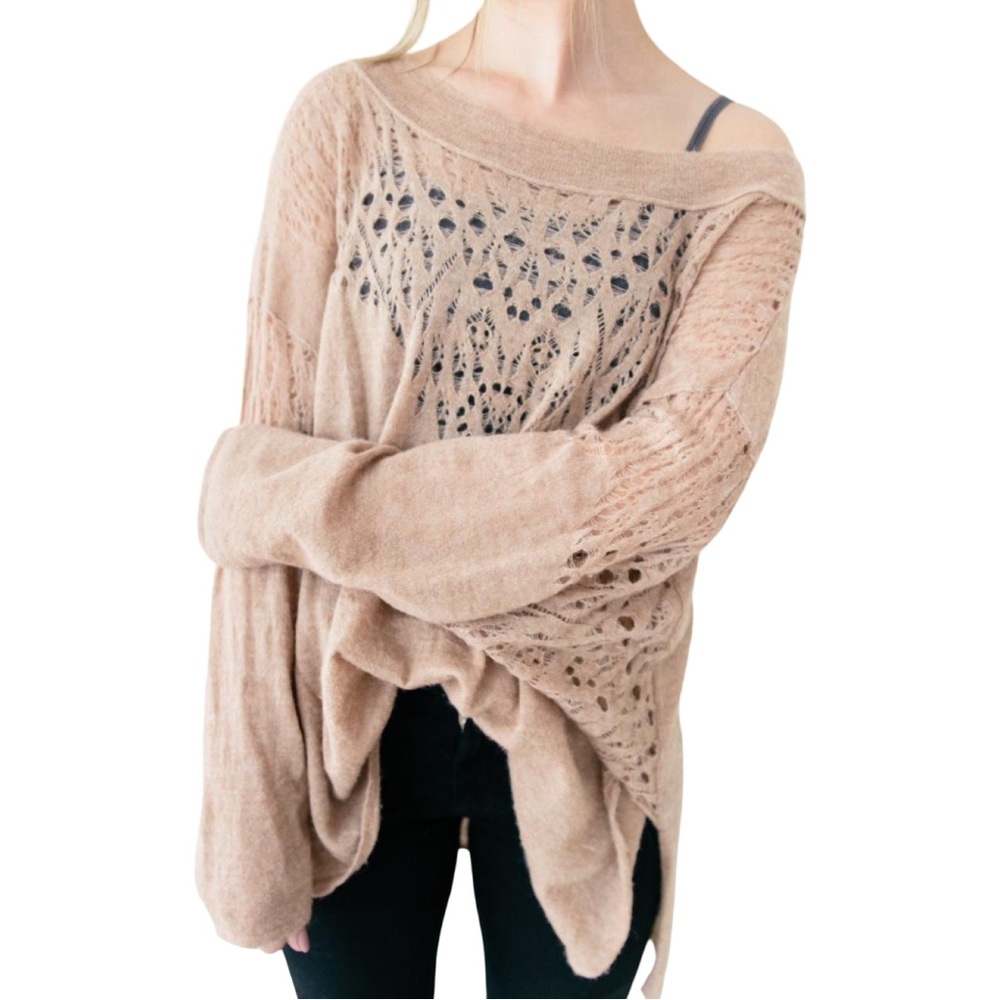 Free People Light Brown Ballet Neck Wool Blend Sweater (Size M)